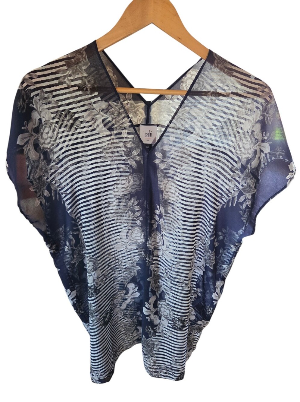 Cabi Navy Floral & Stripe V-Neck Chiffon Blouse